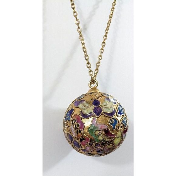 Large Globe Ball Butterfly Design Cloisonne Pendant Necklace - Picture 6 of 16